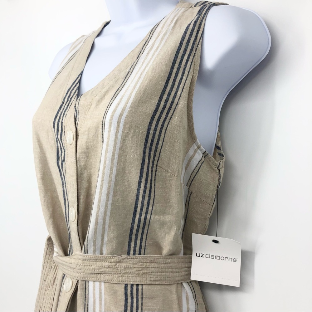 Liz Claiborne Medium Linen Sleeveless Tan/Khaki & Blue Striped Button Maxi Dress - Picture 5 of 7